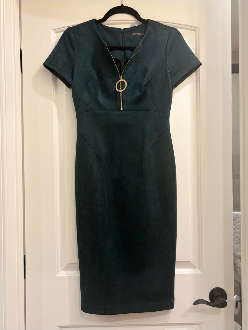 Calvin Klein Dark Green Short Sleeve Sheath Dress with Gold Zip Ring